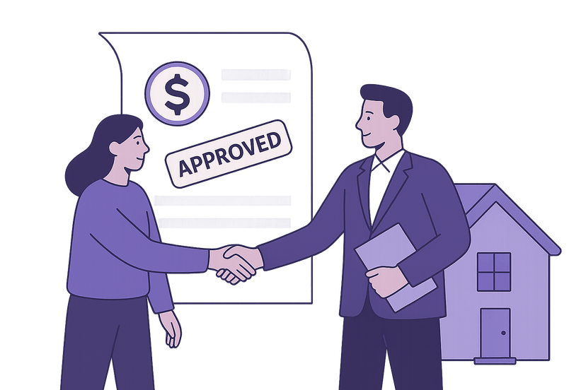 Real estate lenders shaking hands in front of a house